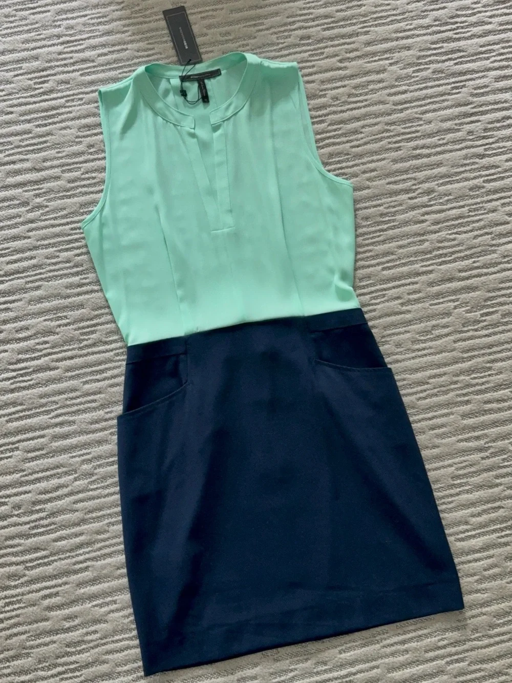 BCBGMaxAzria Mint and Navy Sleeveless Colorblock Sheath Dress